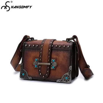 

2018 Vintage Rivet Women Small Bag Shoulder Strap Square Crossbody Bags More Compartment Fashion Wild Messenger Leather Female