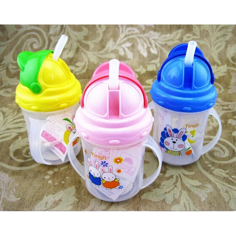 

Updated Durable Baby diaper Kids Straw Cup Drinking Bottle Sippy Cups With handles Cute Design Feeding Bottle PP Plastic SGS