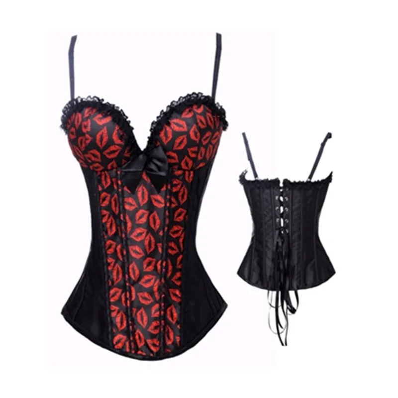 New Sexy Corset And Bustier With Cup Red Lips Sexy Corselet Gothic