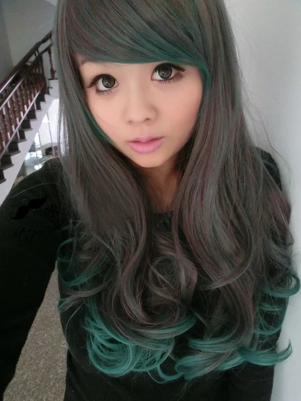 Japanese Green Streaked Long Hair Wig Girl Braids Harajuku High