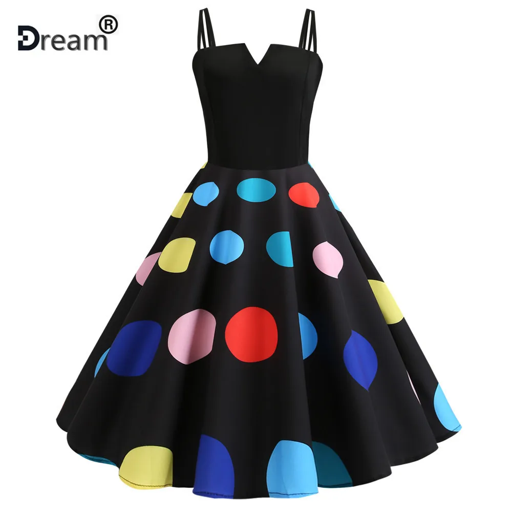 

Women V Neck Vintage Dress Summer Black Spaghetti Strap Sexy High Waist Party Dress Plus Size Elegant Dot Print Beach Midi Dress