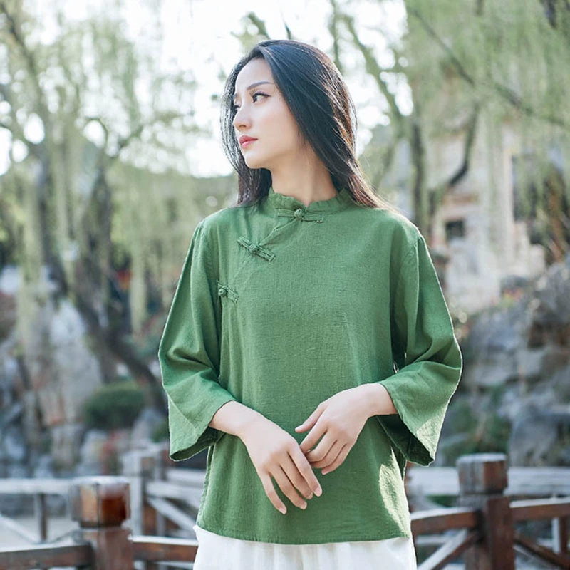 

Johnature Vintage Shirt For Women Stand Cotton Linen Blouses 2019 Spring New Solid Color Button Chinese Style Tops Women Shirts