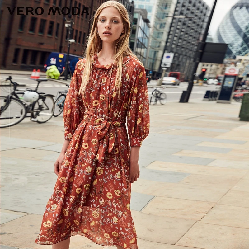

Vero Moda 2019 New Women's Low-cut Round Neckline Balloon 3/4 Sleeves Printed Chiffon Dress | 31837C515
