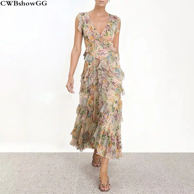 

CWBshowGG Designer Print Dress 2019 Women's Summer Sleeveless V-neck Ruffles Beach Holiday Bohemian Layers Chiffon Long Dress