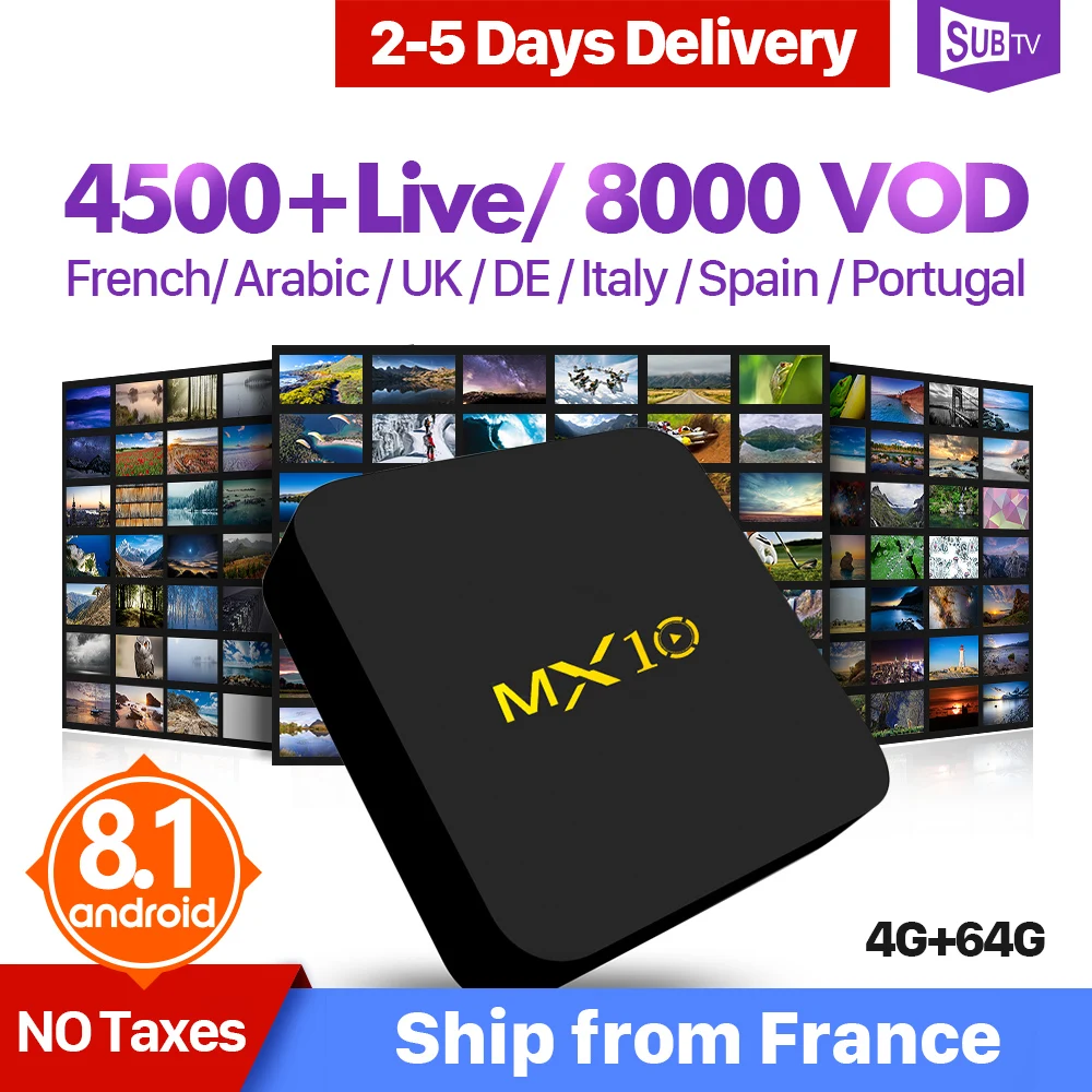 IPTV Full HD Live Arabic France IPTV Box 4K Subscription Italy MX10 Android 8.1 4G 64G RK3328 H.265 Decoder Portugal Turkish    