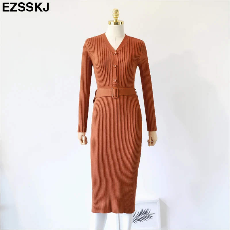 Осенне-зимнее вязаное длинное платье, женское повседневное облегающее платье-свитер с v-образным вырезом, офисное женское платье на пуговицах в Корейском стиле с поясом