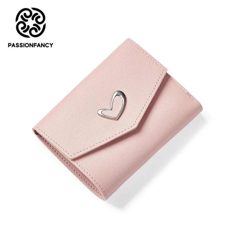 

Cheap Women Bag Wallet Women Love Heart Solid Short Wallets Card Holder Clutch High Quality PU Leather Womens Wallets and Purses