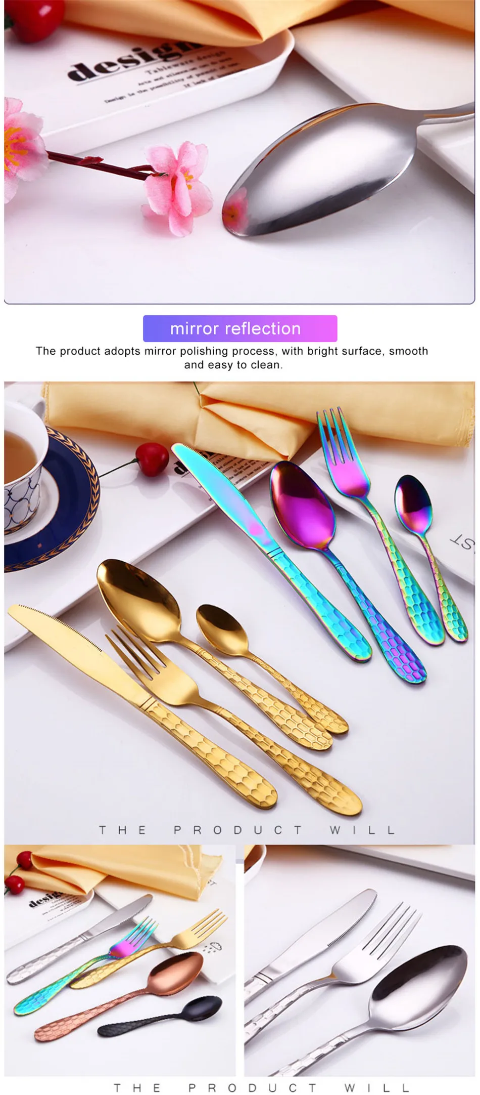 Creative PatternTableware Set 304 Steel Stainless GoldTableware Sets Plating Knife Forks Dinner Set Western Food Cutleries 4pcs (5)
