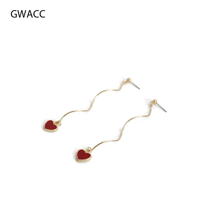 

GWACC Korea Red Heart Drop Earrings For Women Curved Metal Simple Statement Long Love Heart Dangle Earrings Fashion Jewelry