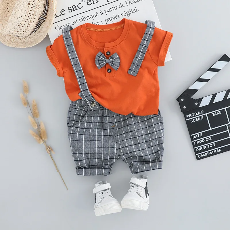 

Fashion Baby Boy Set Short Sleeve T-shirt & Strap Grid Shorts 2pcs Summer Newborn Boy Outfit Cotton Toddler Infant Clothing Suit