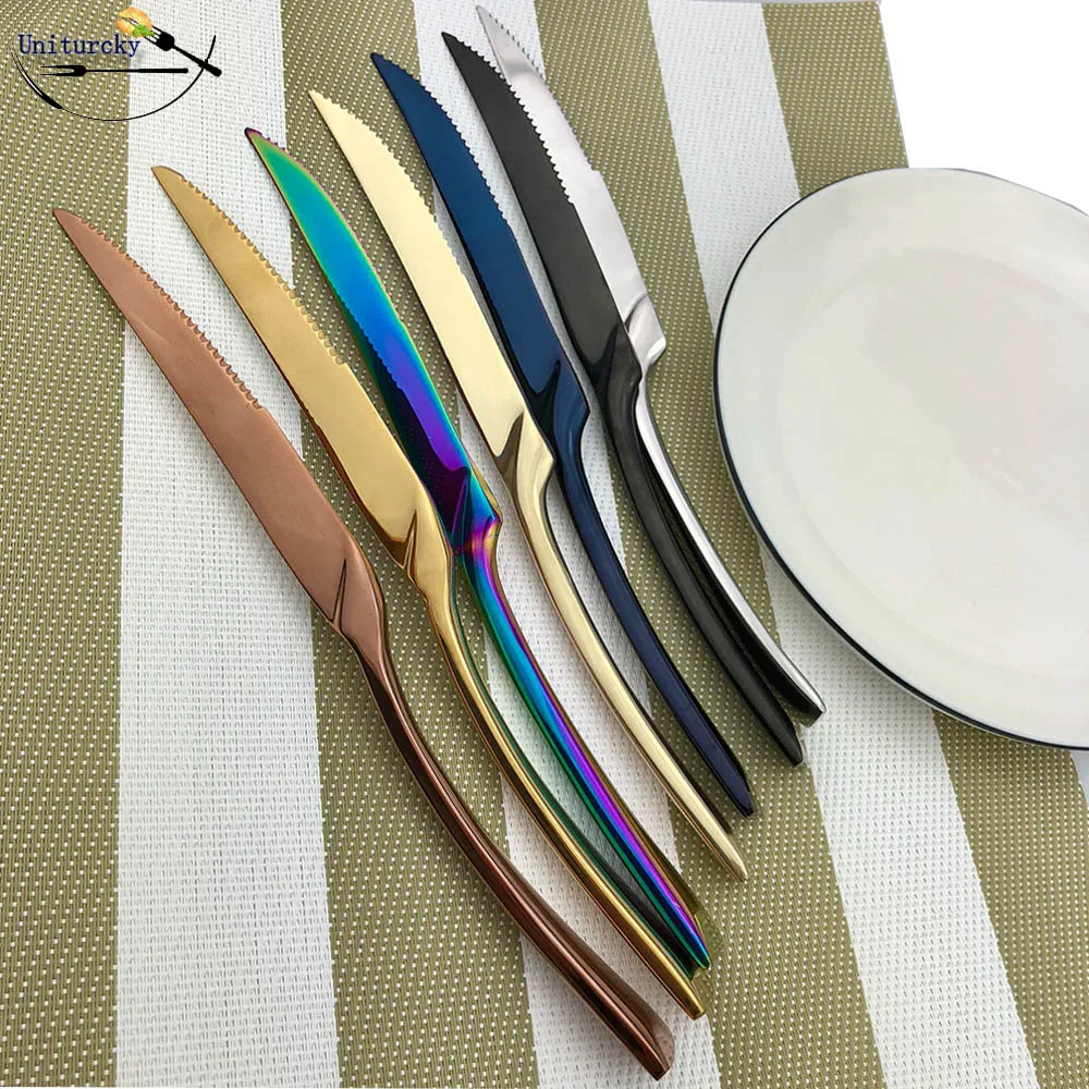 

1Piece Black Steak Knife Sharp Table Knives Set High-grade 18/10 Stainless Steel Cutlery Rainbow Steak Knives Kitchen Dinnerware