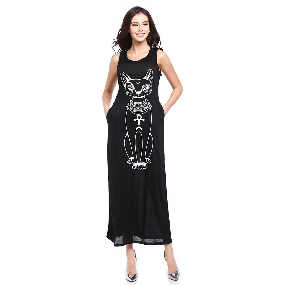

2019 Women Summer Long Maxi Dress Casual Cat Print Boho Beach Dress Sexy Evening Party Bodycon Dress Vestidos Largos Mujer