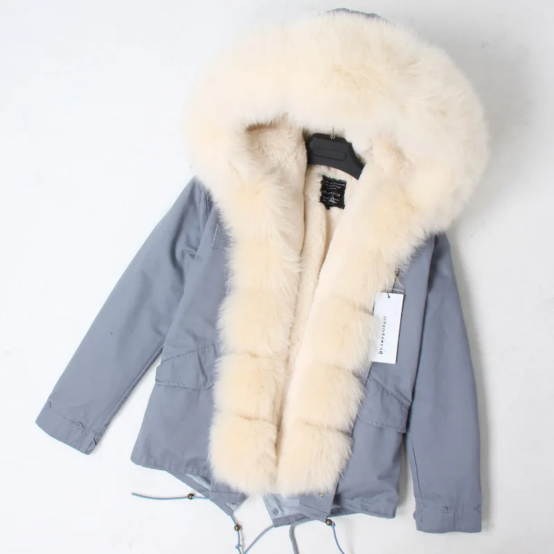 MAOMAOKONG, зимняя куртка для женщин, плотное пальто, натуральный Лисий мех, воротник, спереди, уплотнение, Лисий мех, короткая, тонкая, щука, пальто - Цвет: Белый