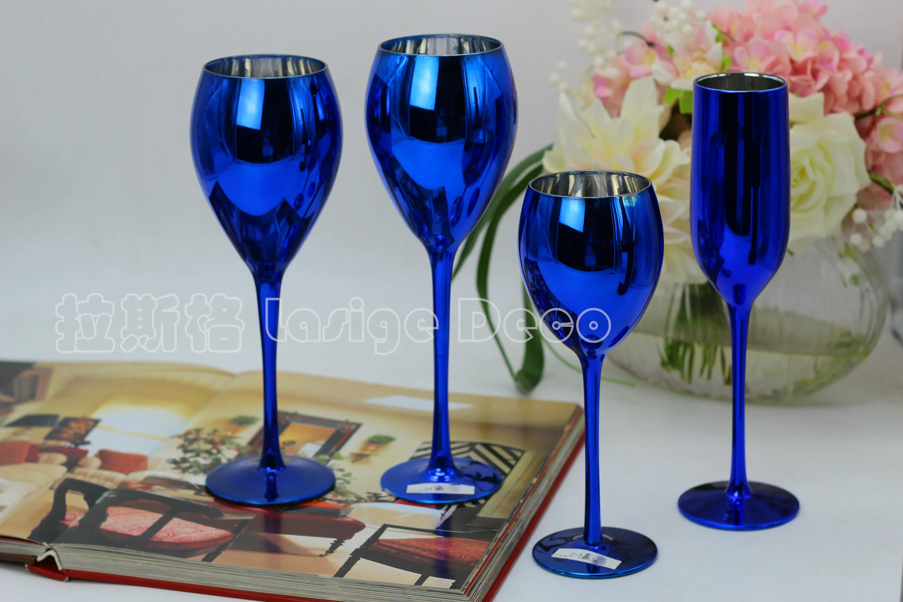 

Creative blue color plating metal glass goblet wine champagne cup wedding room decor