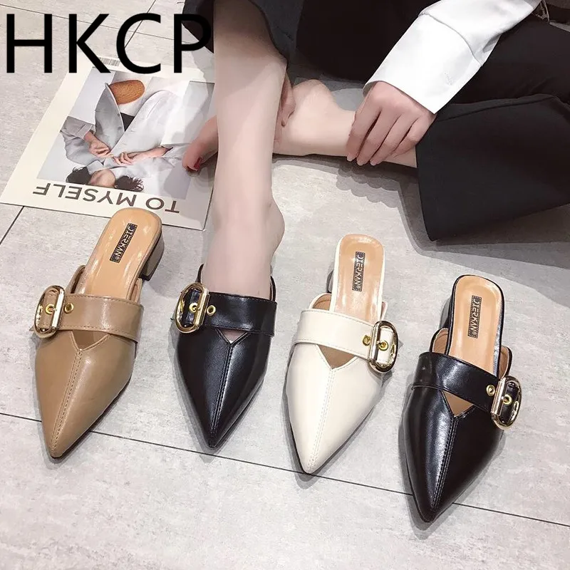 

HKCP 2019 summer new Korean version of the pointed head baotou cool slippers women with chunky heel belt buckle slippers C110