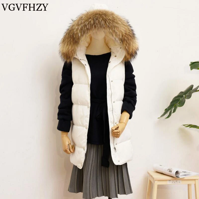 

2017 autumn winter design warm white duck down coat long jacket vest women casual fashion waistcoat high quality Big Fur Collar