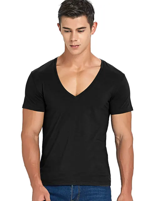 Stretch Deep V Neck T Shirt for Men Low Cut Vneck Vee Top Tees Slim Fit ...