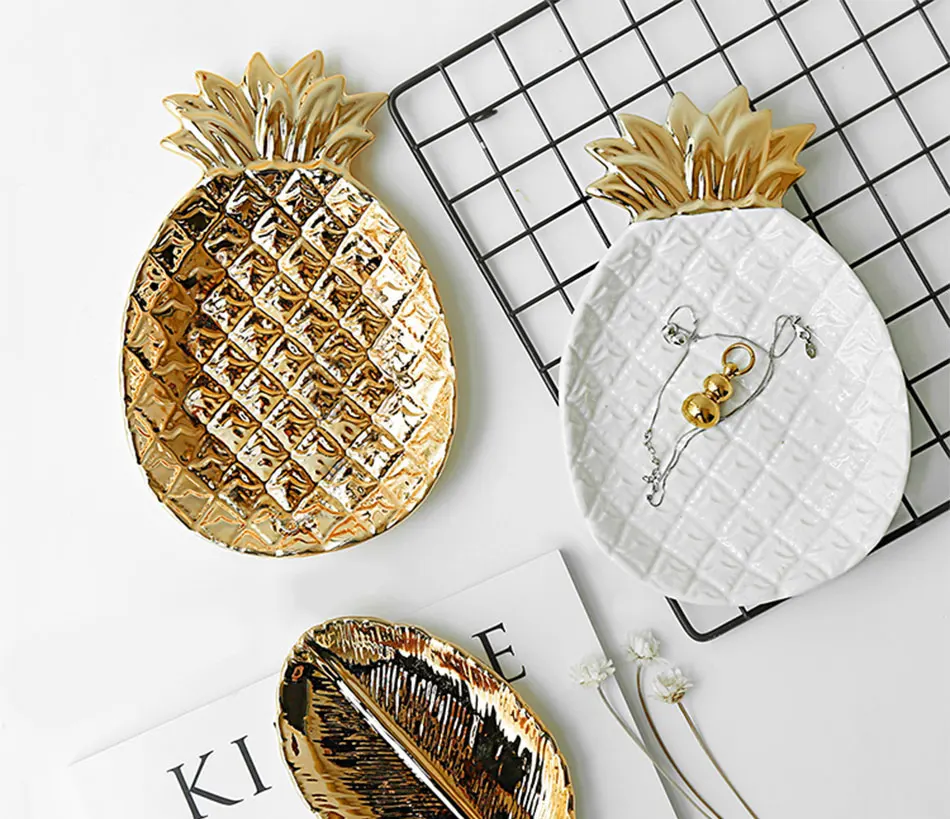 Роскошный золотой белый керамический лоток для хранения ананаса листья декоративный поднос тарелка ювелирный десерт для еды блюдо для хранения домашнего декора