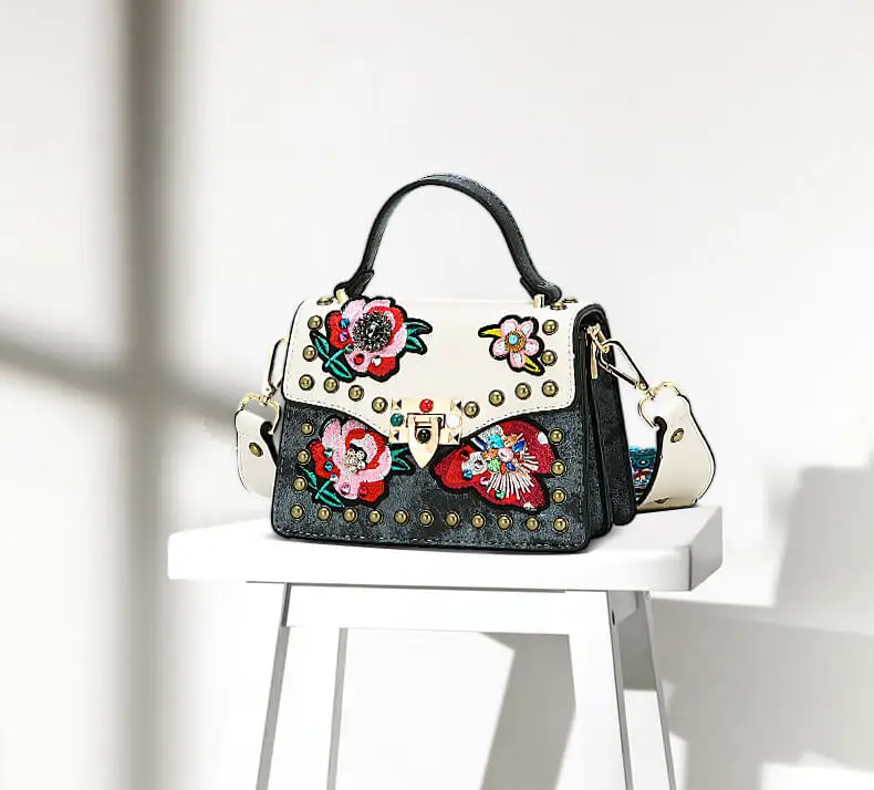 KULUOSIDI Fashion Small Flap Bag Rivet Women Messenger Bags PU Leather Female Handbags Floral Crossbody Bags with Colorful Strap small shoulder bags	