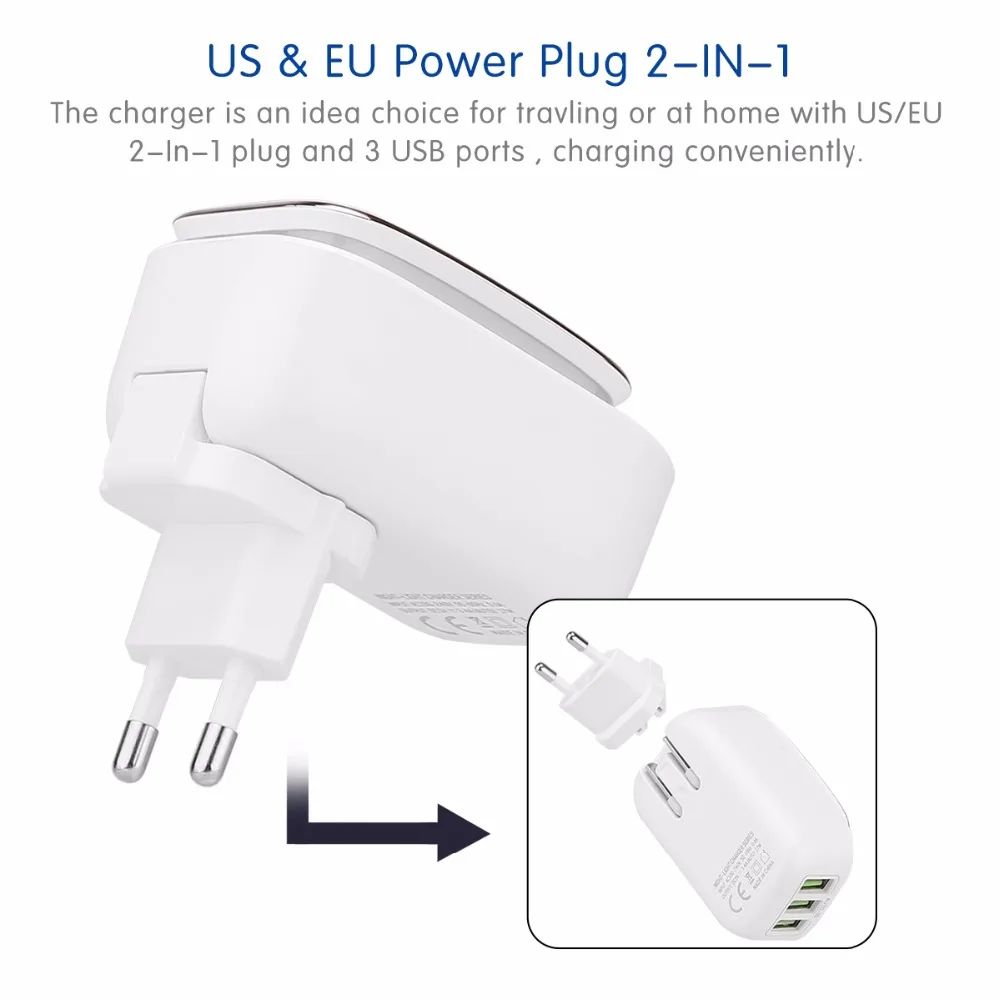 Powstro 3-Порты и разъёмы светодиодный светильник USB Зарядное устройство Адаптер 5В 3.4A Max 2-в-1 дорожное Сетевое зарядное устройство с американской автоматической идентификации мобильного телефона Зарядное устройство для iPhone samsung