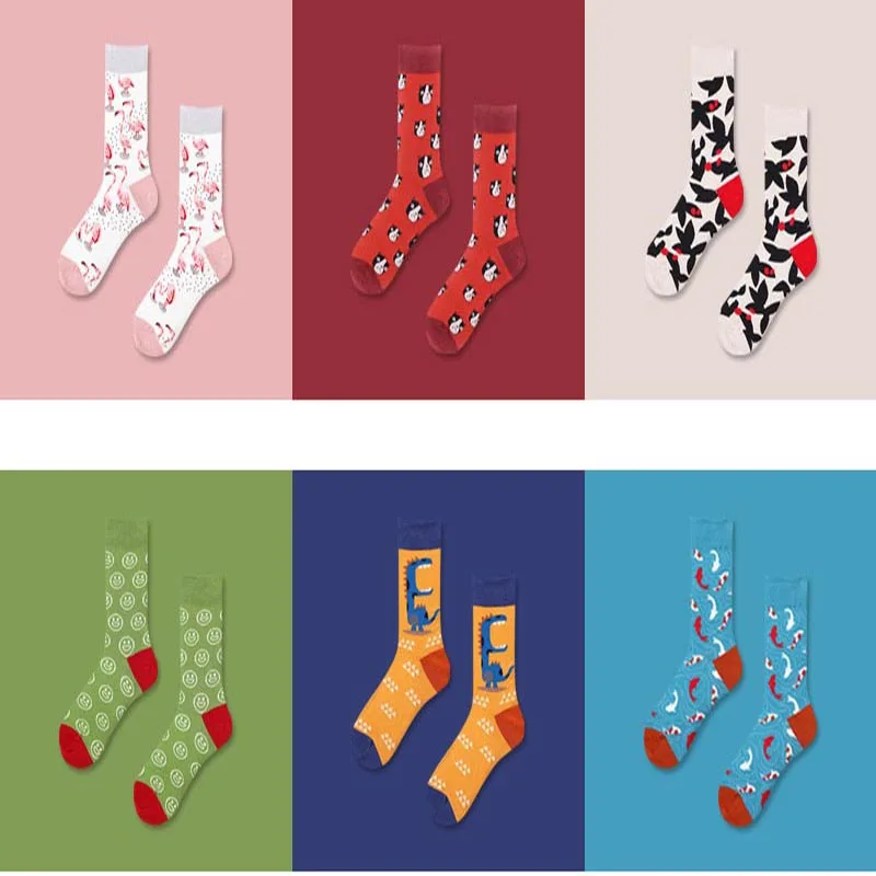 Веселые носки в стиле хип-хоп модные носки из чёсаного хлопка забавные носки для пар милые носки с изображением фламинго, рыбы, попугая