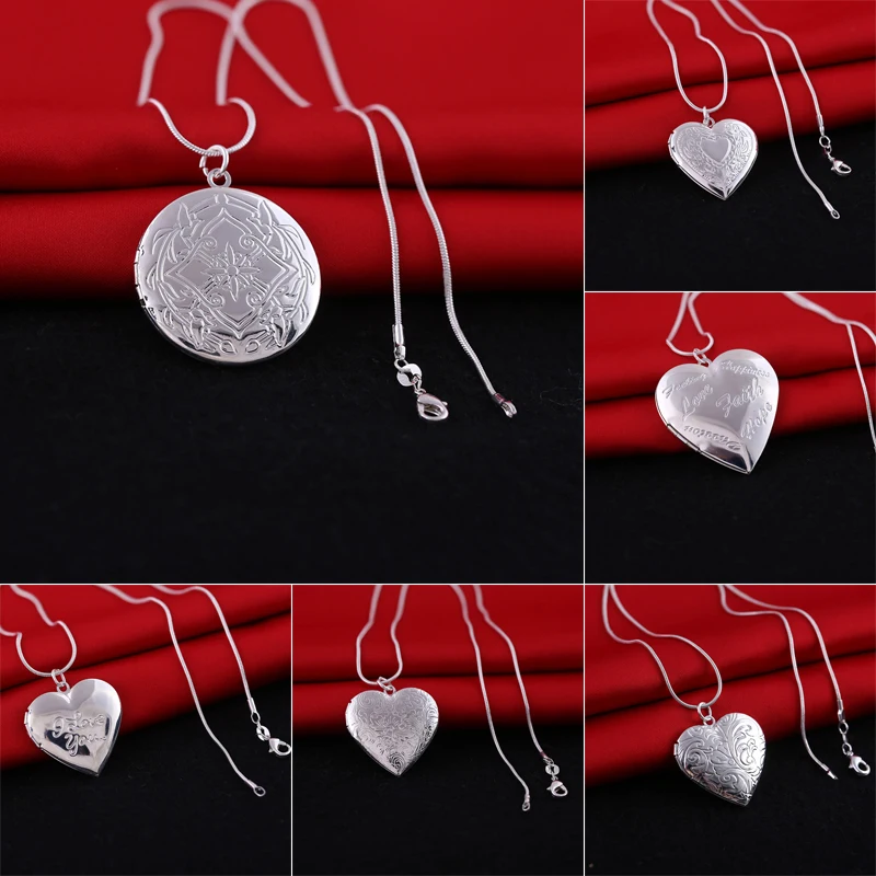 Valentine Lover Gift Heart Love Carved Charm Print Photo Frames Can Open Locket Heart Pendants Necklaces