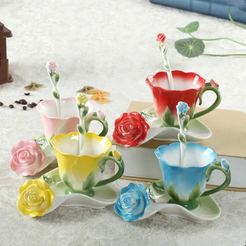 Creative Rose Flower Coffee Cup Chinese Ceramic Tea and Coffee Cups Set