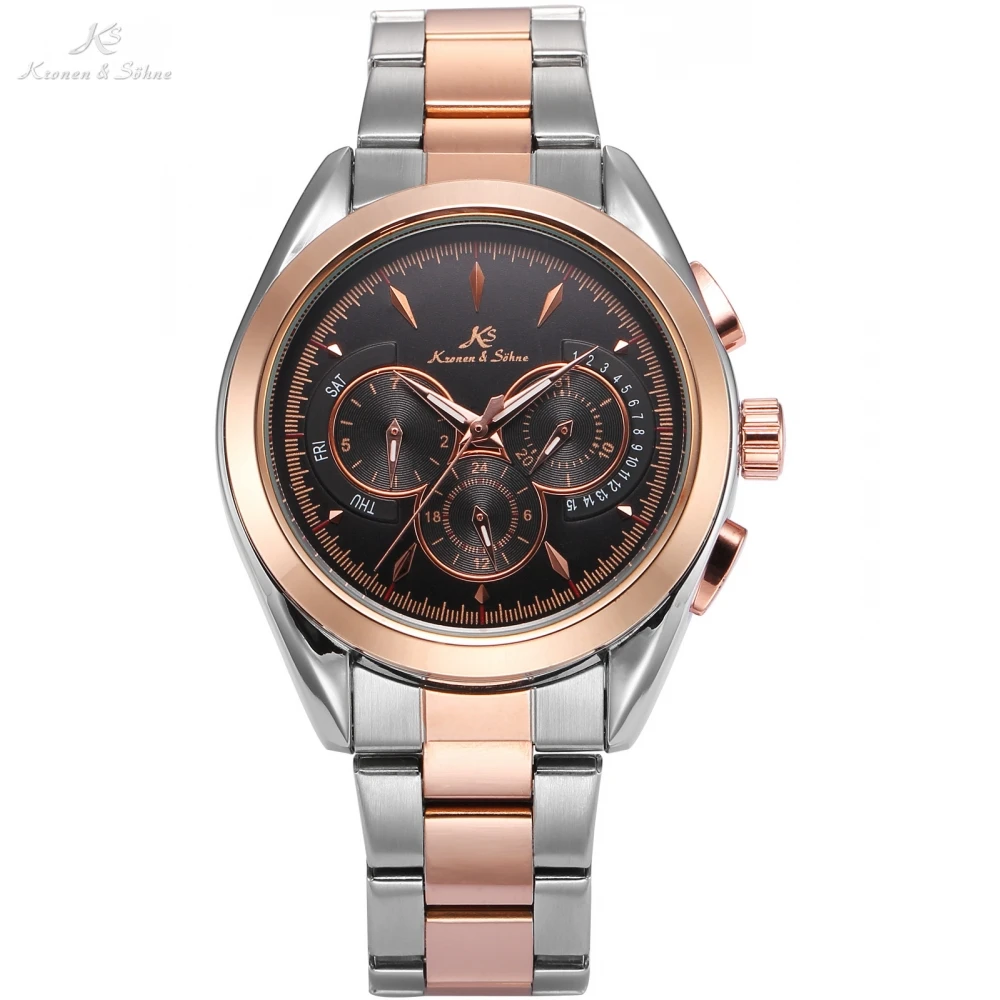 Navigator Series KS Automatic Rose Gold Black 3 Dial Date Day 24Hrs Function Steel Band Men
