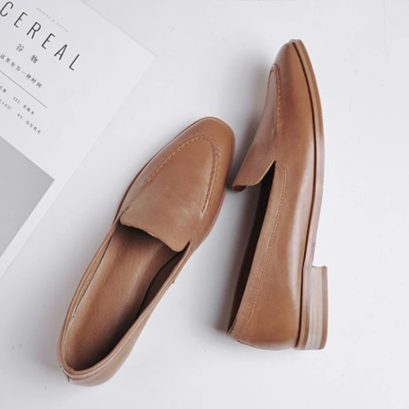 Женские туфли из натуральной кожи без застежки с квадратным носком|leather women flats|women