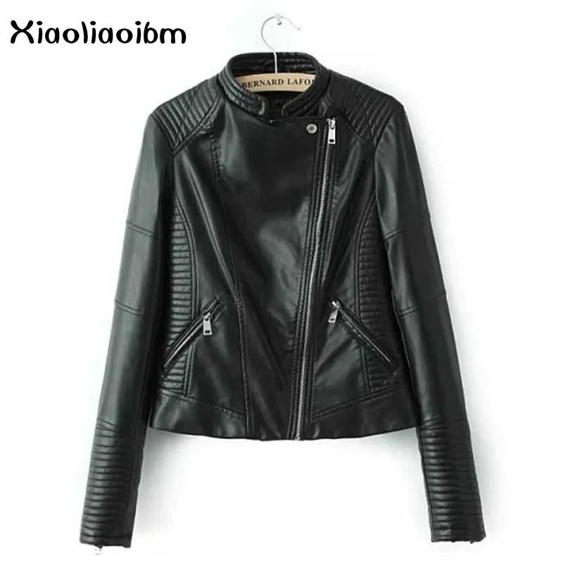 2018 Autumn Women Leather Jacket New Black Color Mandarin Collar