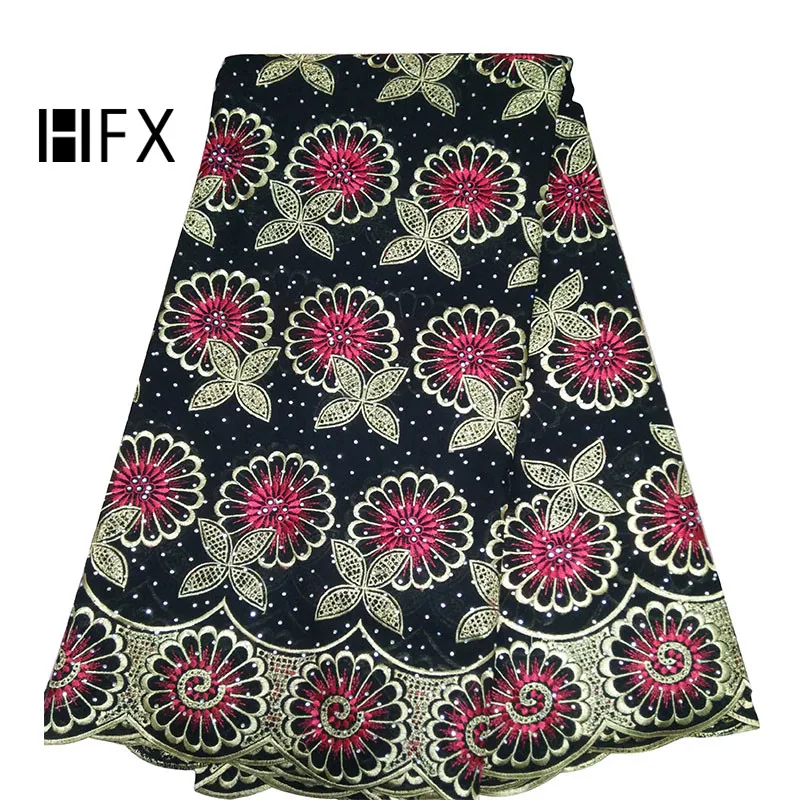 

HFX Nigerian Lace Fabrics Black/Gold/Pink High Quality French Embroidery Cotton Lace 2019 Dress Swiss Voile Lace Fabric L296