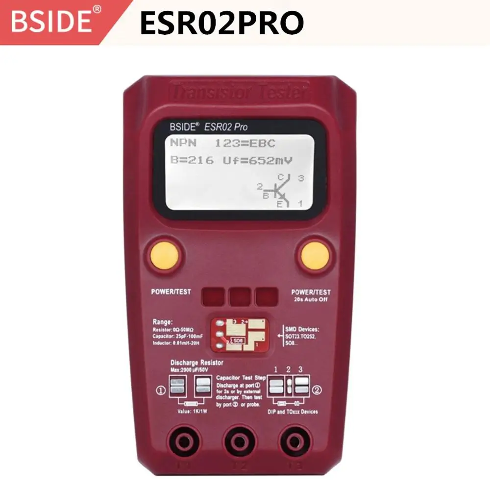 BSIDE ESR02PRO Цифровой транзистор SMD компоненты тест мультиметр Емкость Диод Триод индуктивность мультиметр ESR тест er - Цвет: ESR02PRO-RED