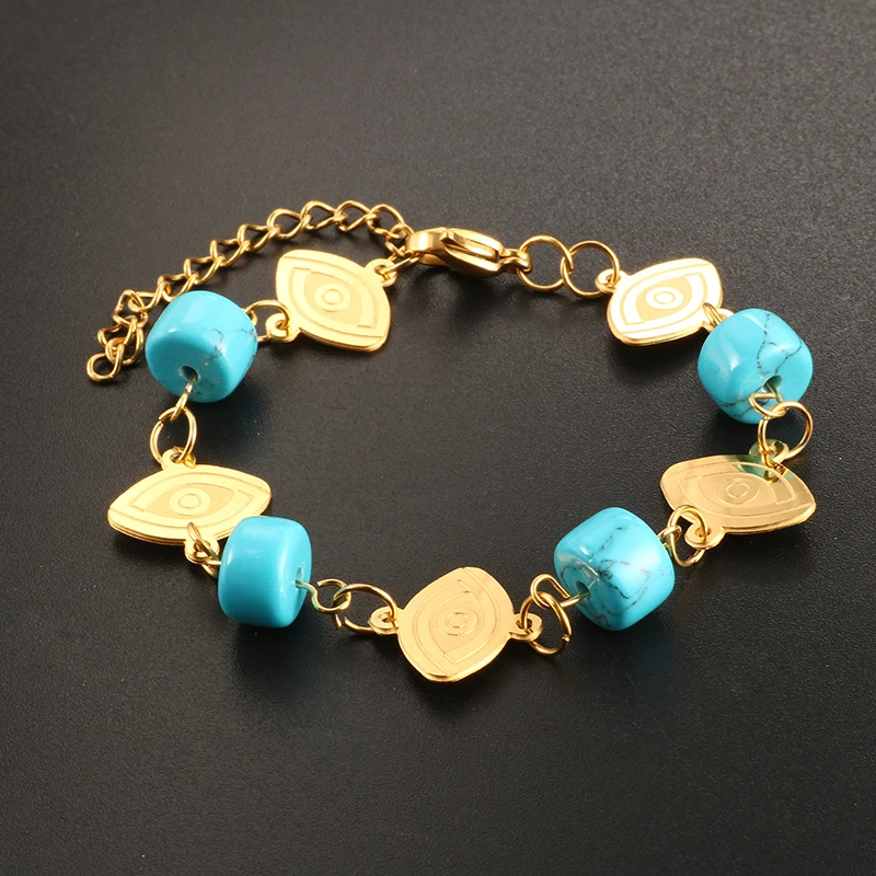 

Luxury Jewelry Turquoises Stone Silver Gold Color Chain Bracelets European Antique Beads Charm Wrist Bracelets for Women Gift