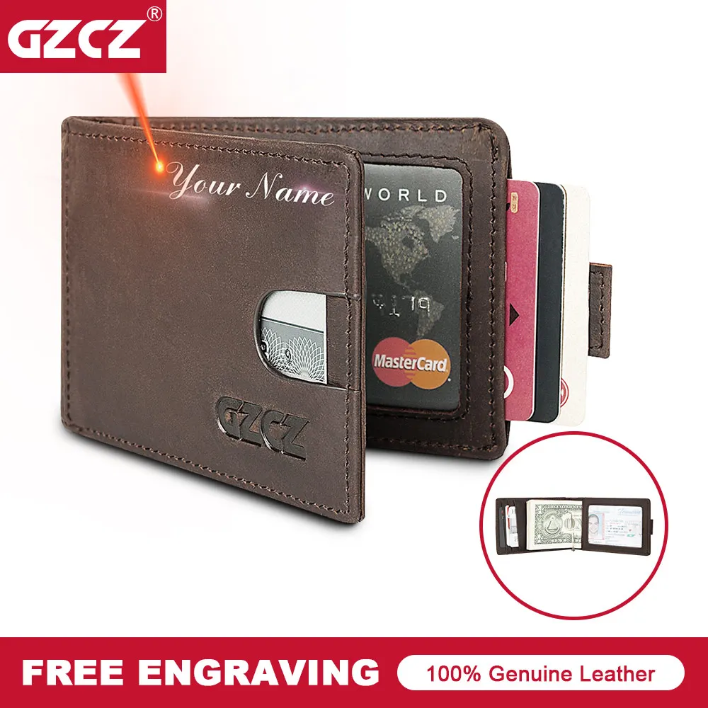 GZCZ Men Genuine Leather ID/Credit Wallet Vintage Small Wallets Card Holder Purse Free Engrave Portomonee Slim Wallets Money Bag