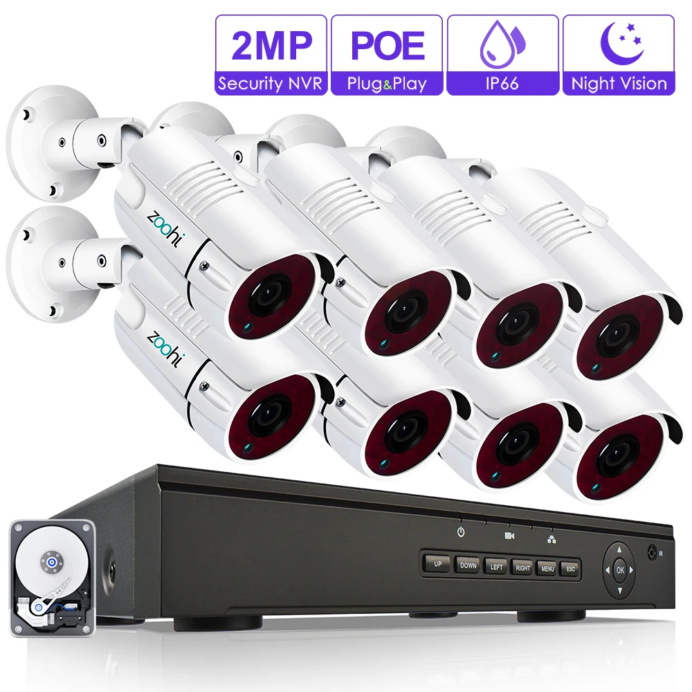 Zoohi 2MP система безопасности камеры 48 В POE NVR наборы 2MP камера охранной системы видеонаблюдения HD наружная система видеонаблюдения Водонепроницаемая