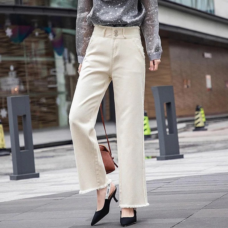 

woman White straight jeans female loose nine points pants new high waist jeans woman wide leg pants women denim trousers