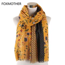 FOXMOTHER New Design Autumn Yellow Floral Scarfs Wraps Shawl Muslim Hijab Scarves Foulard femme Pashmina Fashion Scarf