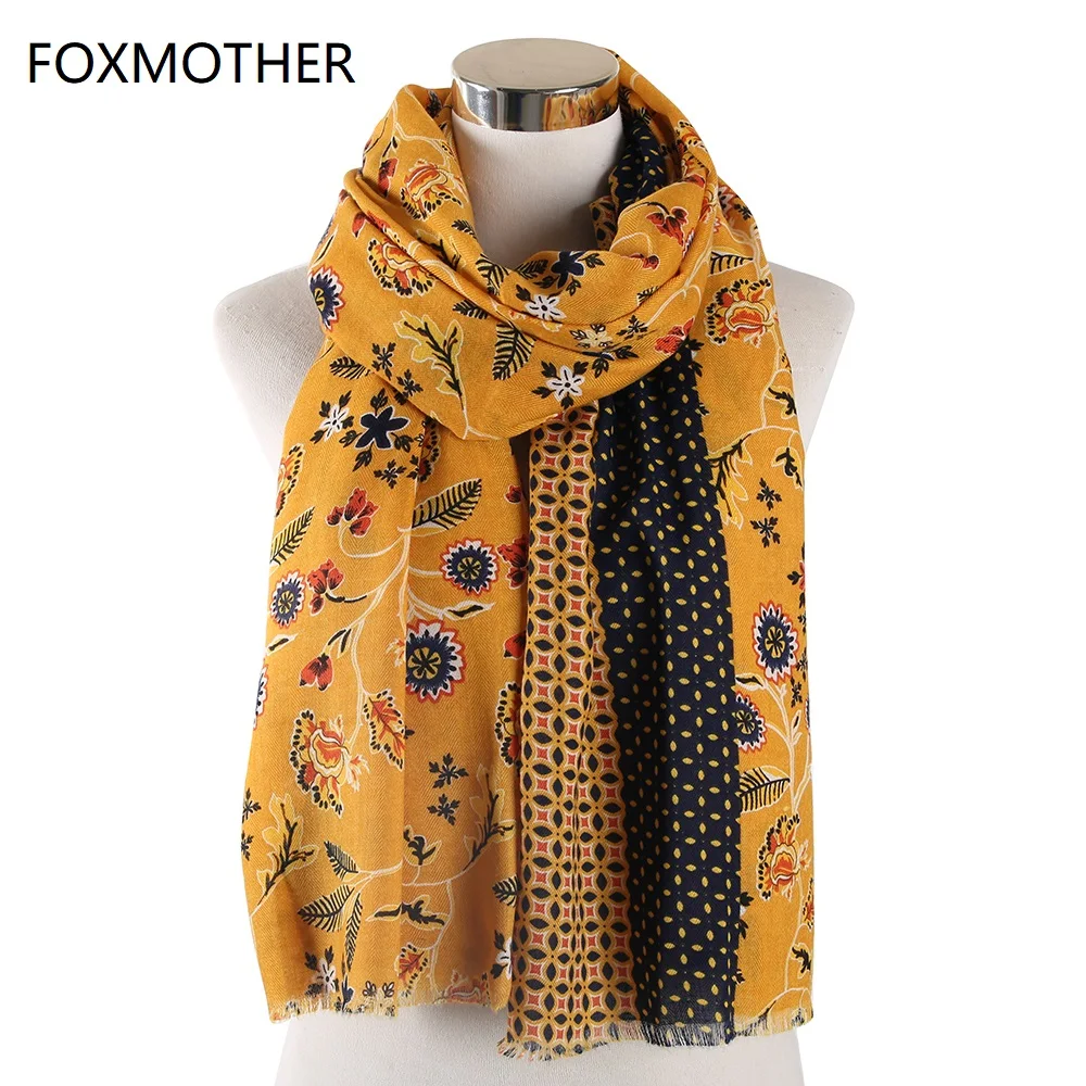 

FOXMOTHER New Design Autumn Yellow Floral Scarfs Wraps Shawl Muslim Hijab Scarves Foulard femme Pashmina Fashion Scarf 2019