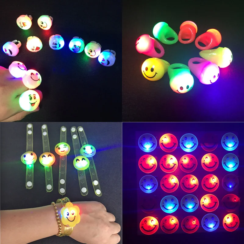 

10PCS Smiling Face Series LED Flashing Brooch Cartoon Smile Face Bracelet Glowing Finger Ring for Festival Party Light Up Toys