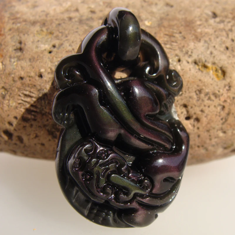 Hand Carved Dragon Men Animal Jewelry Black Natural Rainbow Obsidian Stone Pendant Necklace Fashion Crystal for Boys Gifts 2008