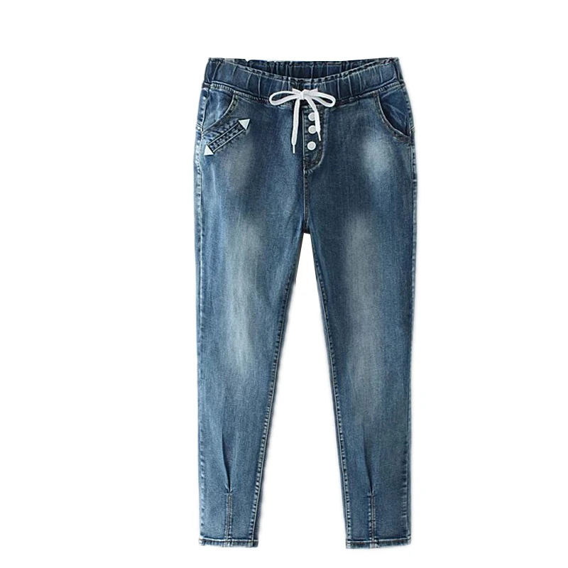 

Women's spring and Autumn New Korean drawstring elastic waist elastic Loose Jeans Size XL fat fat mm