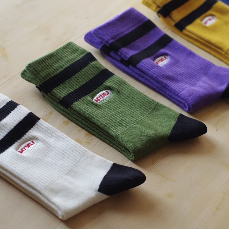 

5 Pairs/lots Women&men Socks Casual Patchwork MYSELF Embroidery Striped Stitching Ladies Autumn Cotton Socks