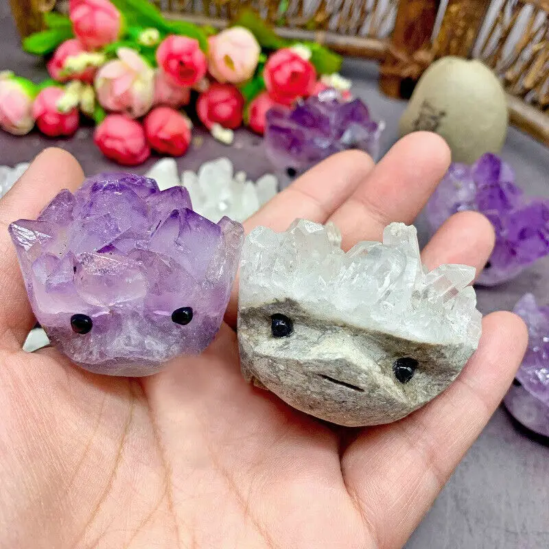 

2 Kinds White Purple Crystal Hedgehog Cluster Carved Handmade Crystal Animal Natural Stones and Minerals