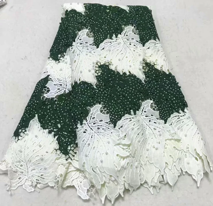 

Most popular cord lace fabric leaf pattern Embroidered Nigerian cord lace fabric with stones beaded Guipure laces fabric NLY47-3