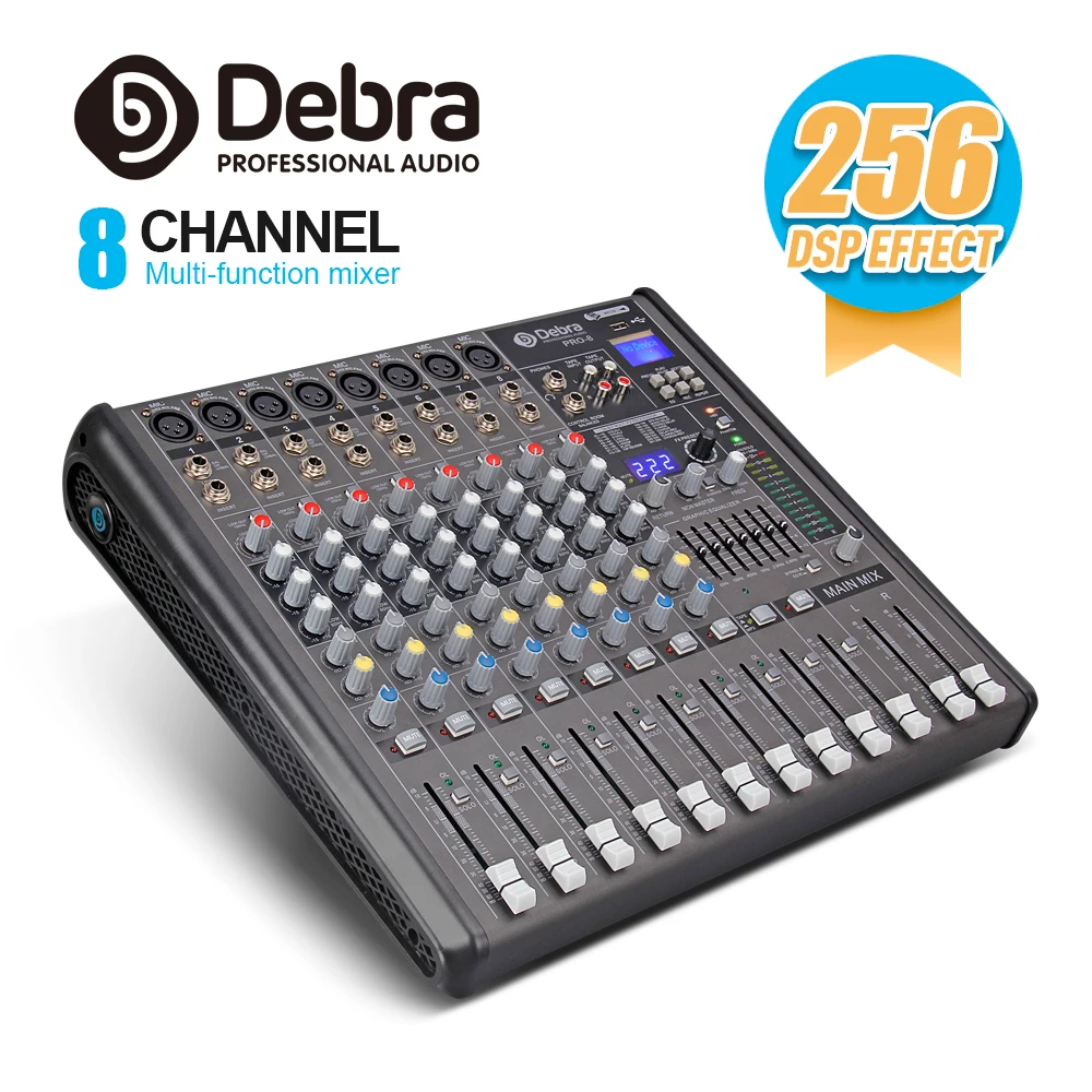 

Professional Debra Audio PRO 8 Channel with 256 DSP Sound Effects Bluetooth Studio Mixer Audio - DJ Sound Controller Interf