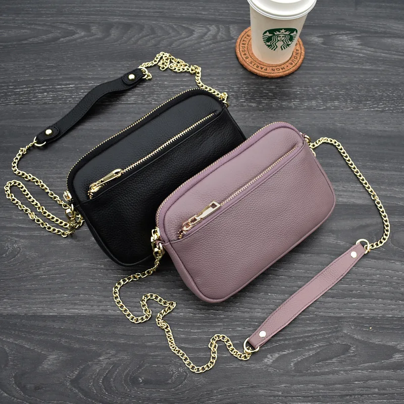 

Brief Women's Genuine Leather Messenger Bags Ladies Natural Leather Shoulder Bags Female Leisure Cowhide Chains Crossbody Purse