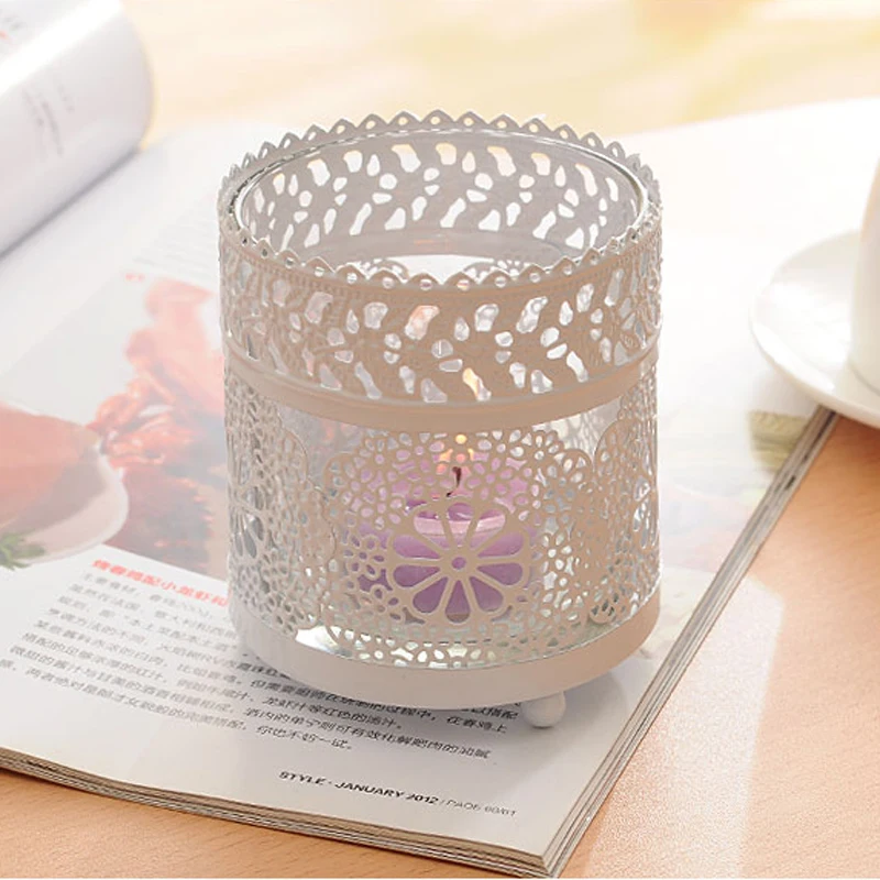 European Lace Accents Hollow Snowflake Design White Painted Iron Candle Holder with Glass Cup Inside European Lace Accents Hollow Snowflake Design White Painted Iron Candle Holder with Glass Cup Inside
