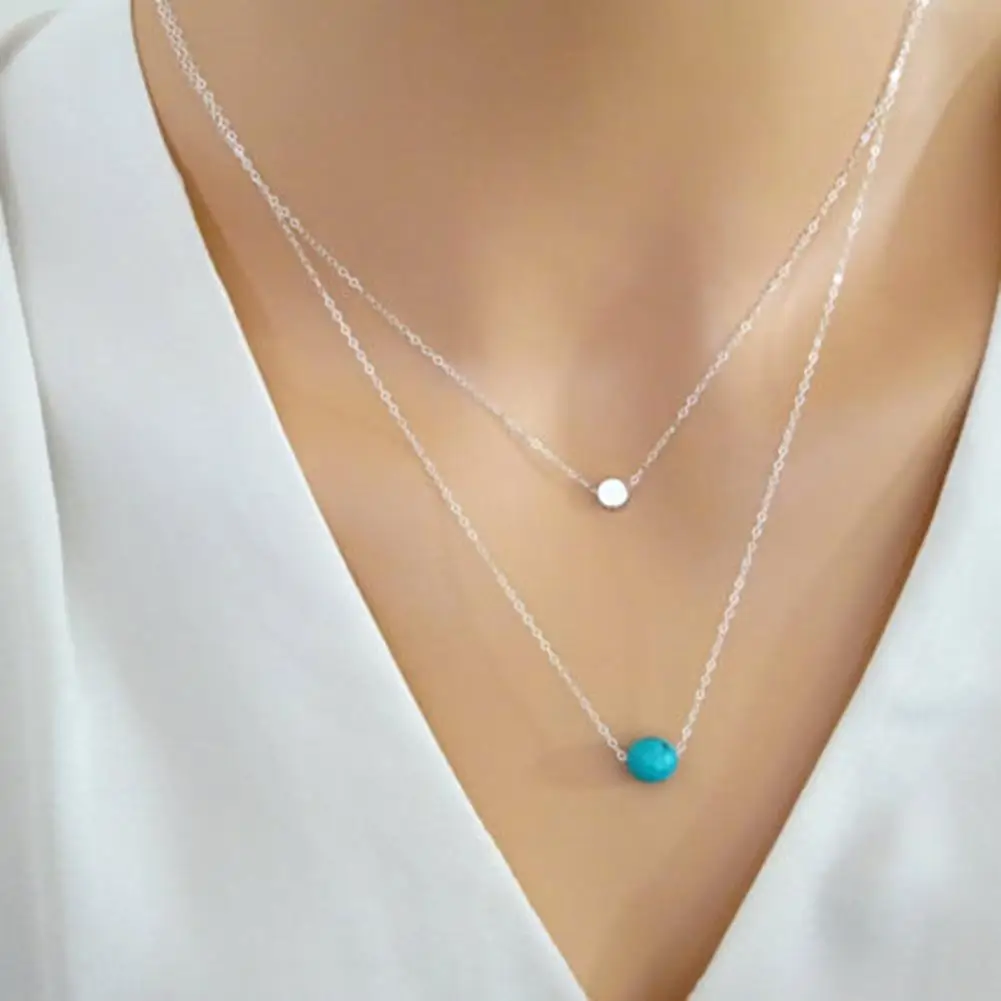 

Women Multilayer Turquoise Pendant Necklace Vintage Choker Chain Necklace Luxury Stainless Steel Jewelry Valentine's Day Gift
