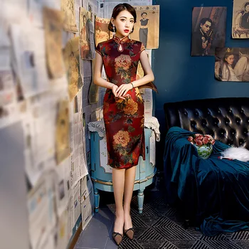 

Vintage Button Satin Classic Cheongsam Sexy Slim Short Sleeve Vestidos Evening Party Dress Gown Dress Summer New Flower Qipao