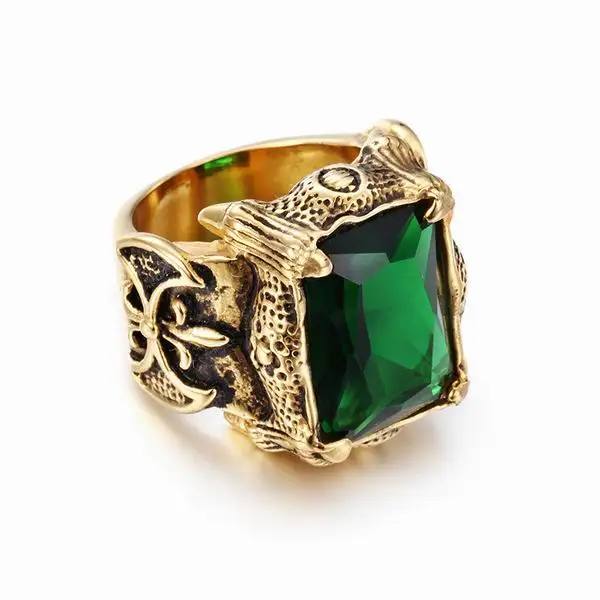Мужские ювелирные изделия Нержавеющая сталь Печать стиль цвета золота блестящие кольца с большими кристаллами для женщин мужчин Панк Рок Дракон перстень - Цвет основного камня: Зеленый